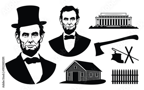 Collection of bold black silhouette icons and illustrations representing abraham lincoln including his portrait log cabin axe fence and the lincoln memorial building symbolizing american