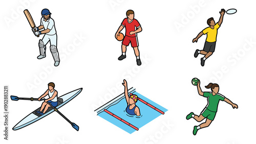 Isometric Cartoon Athletes Playing Diverse Sports: Cricket, Basketball, Swimming, Rowing, Handball