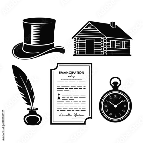 Collection of historical black vector icons representing american history including a top hat a log cabin a quill pen and inkwell the emancipation proclamation document and a pocket watch