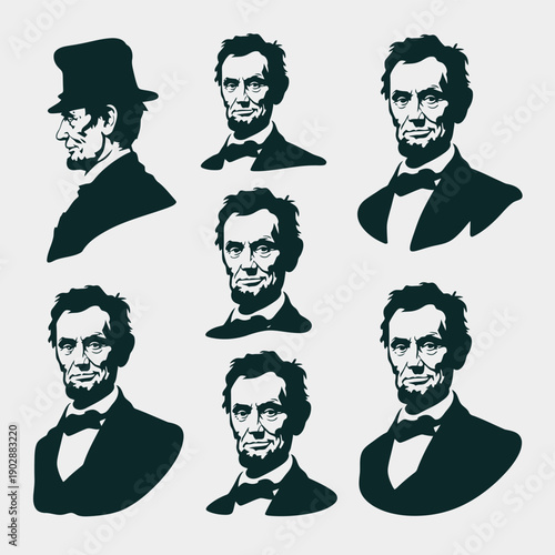Collection of stylized silhouettes and portraits of abraham lincoln depicting iconic top hat profile and frontal views with bow tie evoking historical significance and american heritage