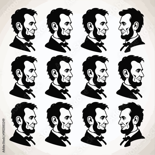 Collection of stylized black and white vector portraits of abraham lincoln in profile showcasing different angles and expressions ideal for historical and educational contexts political