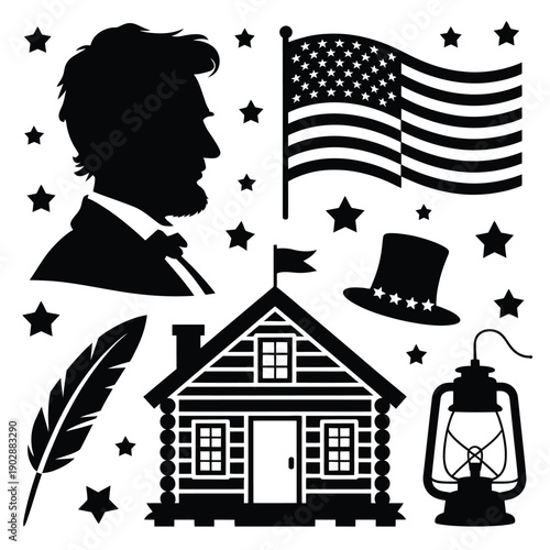 Symbolic silhouette collection representing abraham lincoln's humble beginnings and american patriotism with stars flag log cabin top hat feather and lantern evoking historical