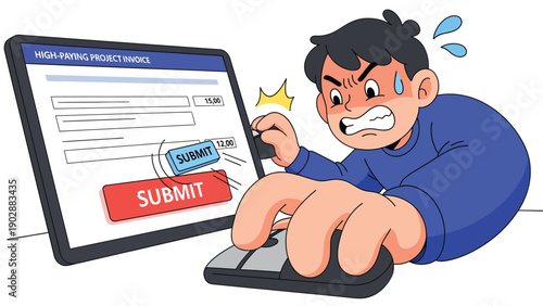Frustrated man struggles with complex online form submission, angrily clicking mouse. Stressful digital user experience with multiple buttons.