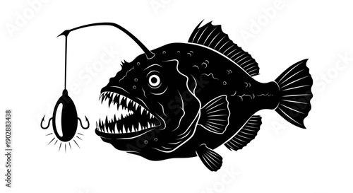 Angler fish silhouette illustration on a white background with a fishing hook