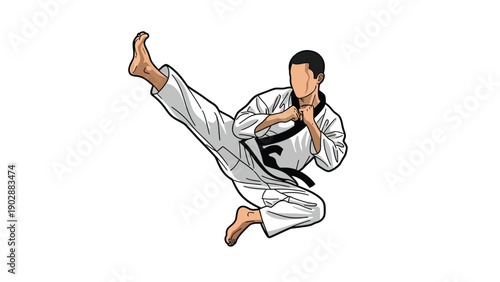 Dynamic Martial Arts Fighter Performing Mid-Air Jumping Kick Vector Illustration