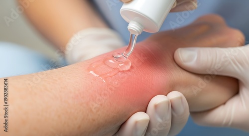 Medical professional applying gel on skin burn