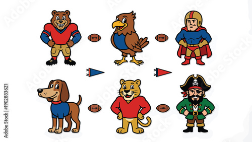 Diverse Cartoon Sports Mascots: Bear, Eagle, Superhero, Dog, Lion, Pirate. Team characters with footballs and pennants.