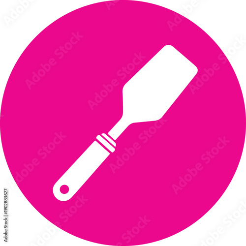 A black and white icon of a spatula with a round handle and flat head. isolated on white background, illustration