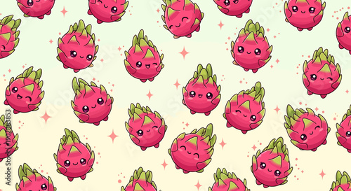 Cute Kawaii Dragon Fruit Characters Seamless Pattern Background