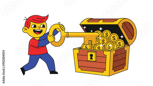 Happy Cartoon Boy Unlocks Treasure Chest of Gold Coins with Giant Key – Financial Success & Opportunity Concept