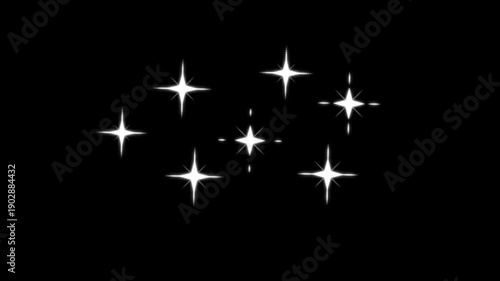 Twinkle sparkle star animation featuring bright white cartoon doodles in flat vector style with shimmering glitter and blinking glow, isolated on black screen background for magical 4K video edits