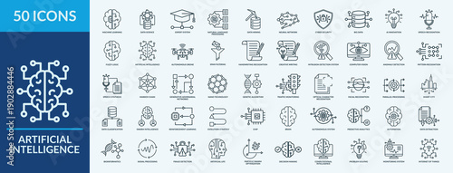 Artificial Intelligence - Icon Collection. Thin Outline Set contains such Icons as neural network, machine learning, speech synthesis and more. Simple web icons set