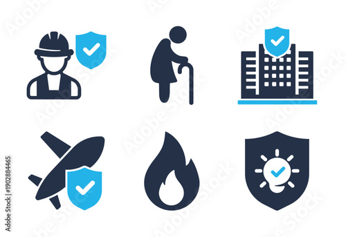 Workplace Safety and Property Protection icon set. Solid glyph series icons