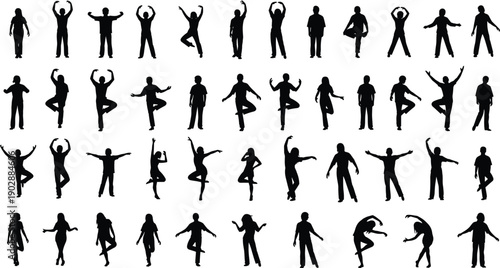 Collection of diverse human silhouettes in yoga, dance, and standing poses, isolated on white background, representing fitness, balance, movement, and lifestyle concepts