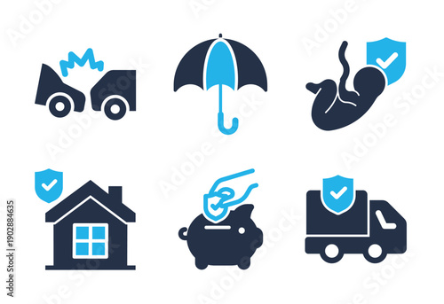 ehicle, Home, and Savings Insurance icon set. Solid glyph series icons