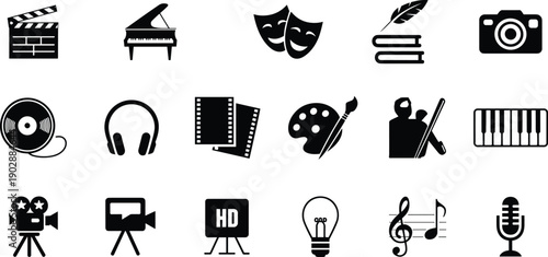 Creative arts and media icon set featuring music, film, photography, painting, theater, and writing symbols in black silhouette style isolated on white background