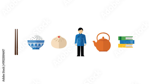 Flat Design Icons: Asian Culture, Cuisine, Tea Ceremony, Traditional Attire, and Education Elements
