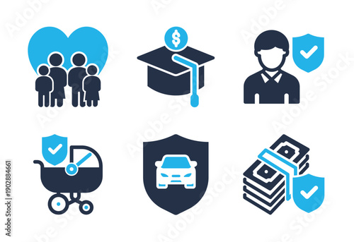 Family Security and Education Fund icon set. Solid glyph series icons