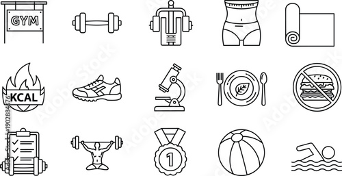 Fitness and healthy lifestyle line icons set featuring gym, nutrition, workout, sports, and wellness symbols