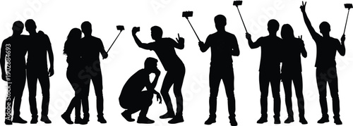 Group of diverse young people silhouettes taking selfies with smartphones and selfie sticks, social media influencers posing, blogging, vlogging, digital lifestyle concept on white background