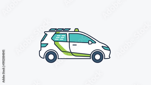 A minimalistic vector illustration of a modern white electric car with blue and green accents
