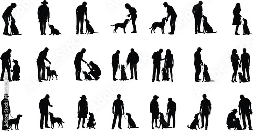 Large set of people training and walking dogs silhouettes in different poses, pet care, obedience training and human animal interaction concept isolated on white background