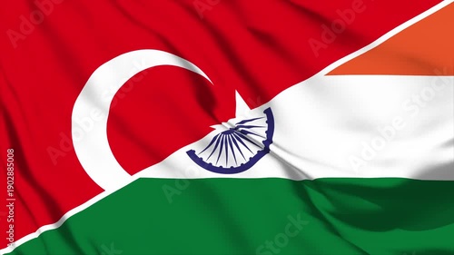 Turkey and India flags waving together in slow motion representing international relations and diplomatic partnership between nations
