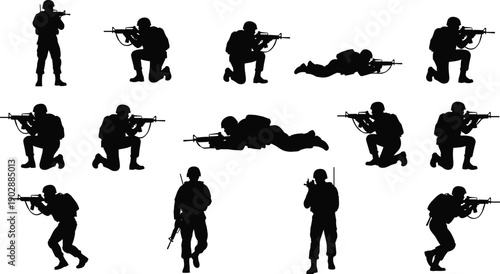 Set of armed soldier silhouettes in different shooting, kneeling and prone combat poses, military training and tactical warfare action collection isolated on white background