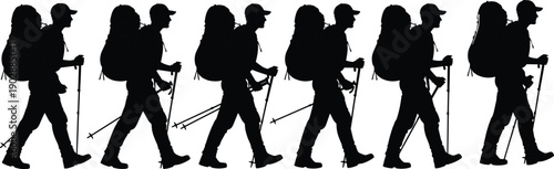 Set of backpacker and hiker silhouettes walking with trekking poles and heavy backpacks, outdoor adventure, mountain trekking and hiking lifestyle concept isolated on white background
