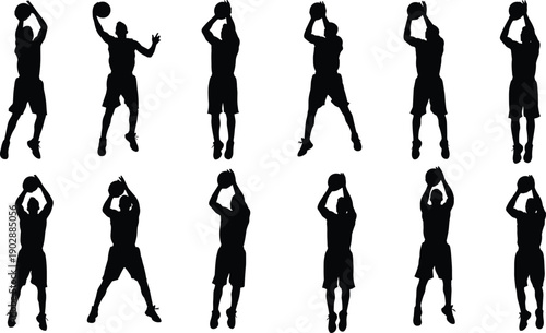 Set of basketball player silhouettes performing jump shots and shooting poses, athletic training and professional sports action collection for fitness, 