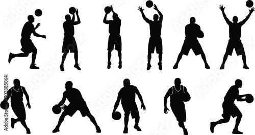 Set of basketball player silhouettes performing shooting, dribbling, passing, and jumping actions, isolated on white background, representing sports, training, fitness, teamwork