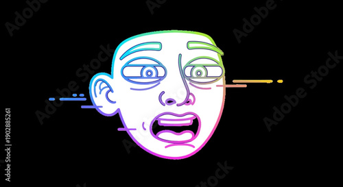 Vibrant digital illustration of a shocked or surprised face with glitch art effects