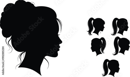 Set of female profile silhouettes with different ponytail hairstyles, elegant woman head side view collection for beauty, fashion, salon branding and cosmetic design isolated on white background
