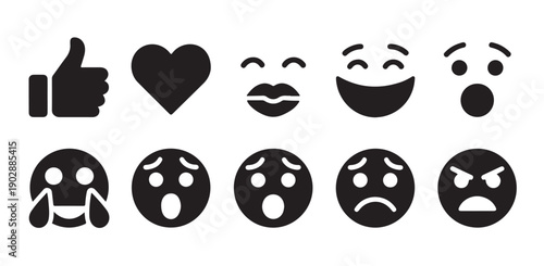 Emoji and social media reaction icons vector set including like love and various emotions