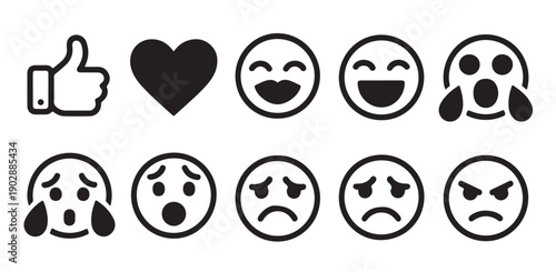Various emoji expressions and communication icons in a simple black and white style