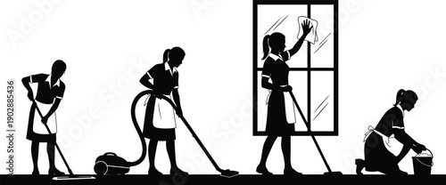 Silhouette of professional housemaids and cleaning staff performing household chores, vacuuming, mopping and window washing, domestic service and home maintenance concept isolated on white background