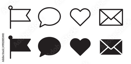 Outline and filled social media icons including flag, speech bubble, heart, and envelope
