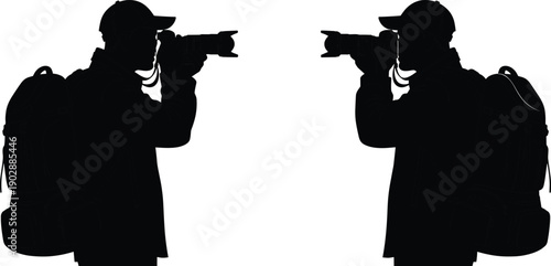 Silhouette of professional photographer with backpack taking photos using DSLR camera, outdoor travel photography and creative journalism concept isolated on white background