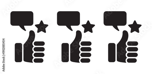 Feedback rating symbols featuring thumbs up with star and rectangular speech bubble elements