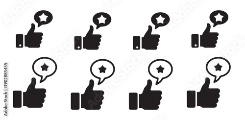 Thumbs up icons with star speech bubble for rating feedback and customer satisfaction reviews