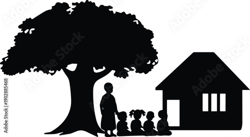 Silhouette of village teacher guiding children under a large tree beside rural school house, representing education, learning, community support, and childhood development in countryside setting