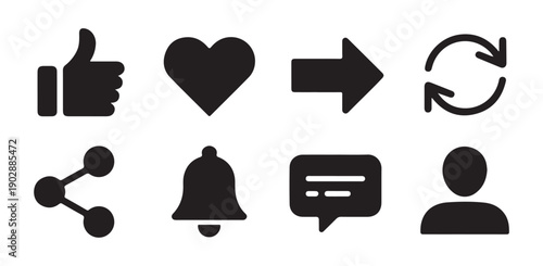 Minimalist black social media icons set including bell profile like share and refresh signs