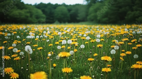 Meadow dotted with yellow and white flowers leading to a forest under a soft sky