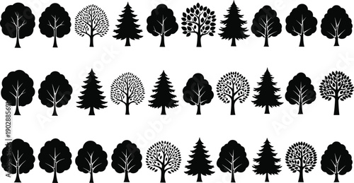 Tree silhouettes collection, evergreen and deciduous trees icons, forest nature elements, botanical shapes, woodland landscape illustration, black tree set