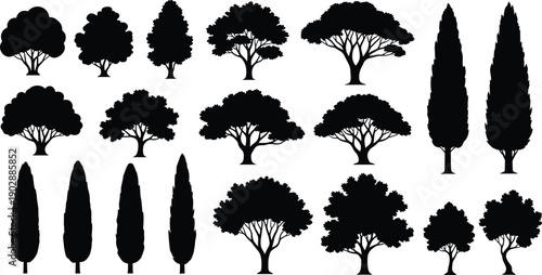 Tree silhouettes set, deciduous and conifer trees collection, black forest tree icons isolated on white background vector