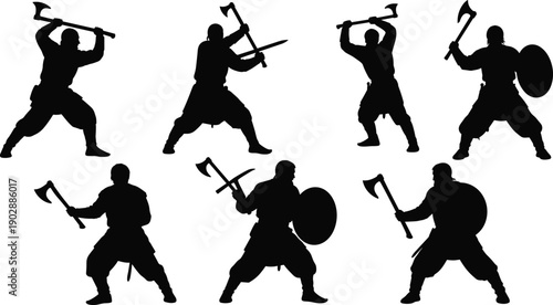 Viking warrior silhouettes, medieval axe fighters, ancient Nordic battle poses, barbarian soldiers, shield and weapon combat, isolated black figures
