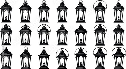 Vintage lantern silhouette set, decorative antique street lamp collection with candle light, classic metal lantern designs isolated on white