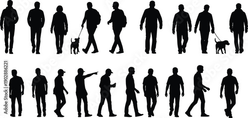 Walking people silhouette set men women dog casual movement poses isolated black human figures collection