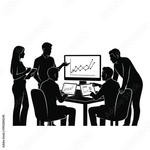 Business team analyzing data on computer graph on screen.