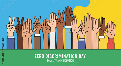 Diverse Group of Hands Raised in Solidarity on Zero Discrimination Day Illustrations